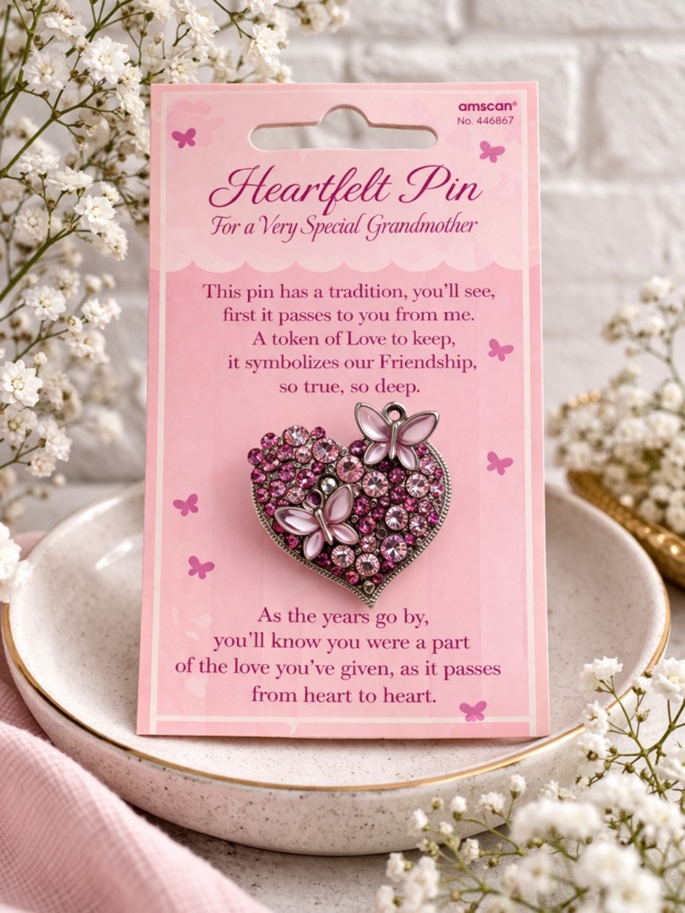 NEW Amscan Grandmother Pink Heartfelt Pin with Butterfly Accents and Rhinestones
